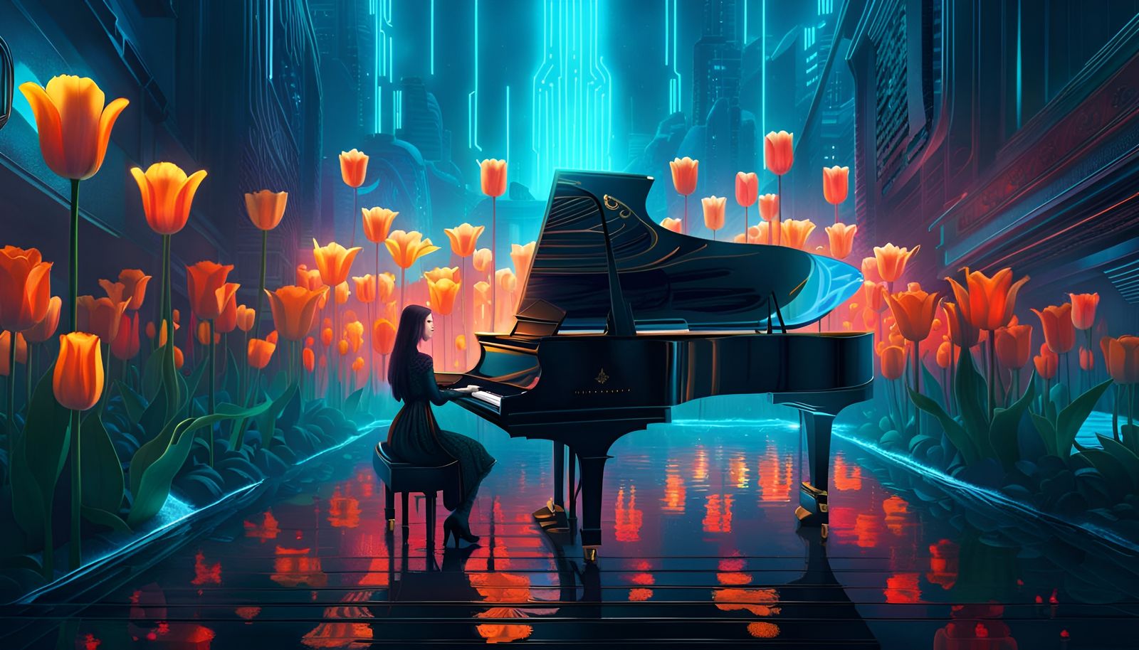 Underwater City of Tulips with Piano, Digital Art