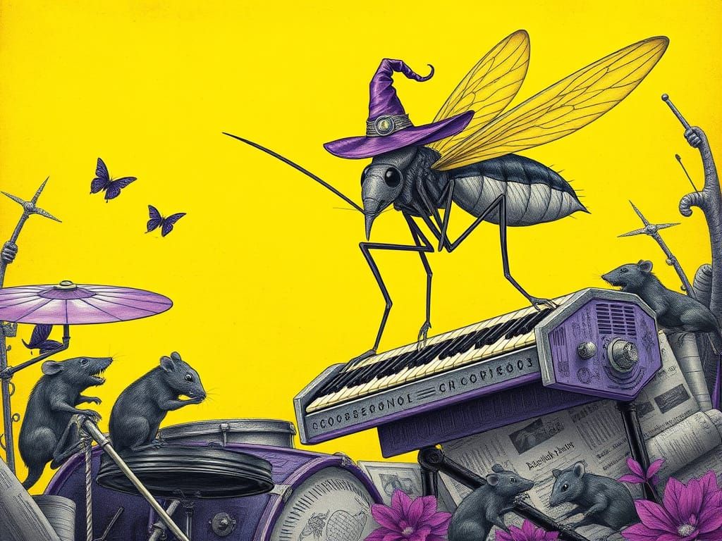 mosquito. art deco, bass, charcoal drawing , drums, elaborat...