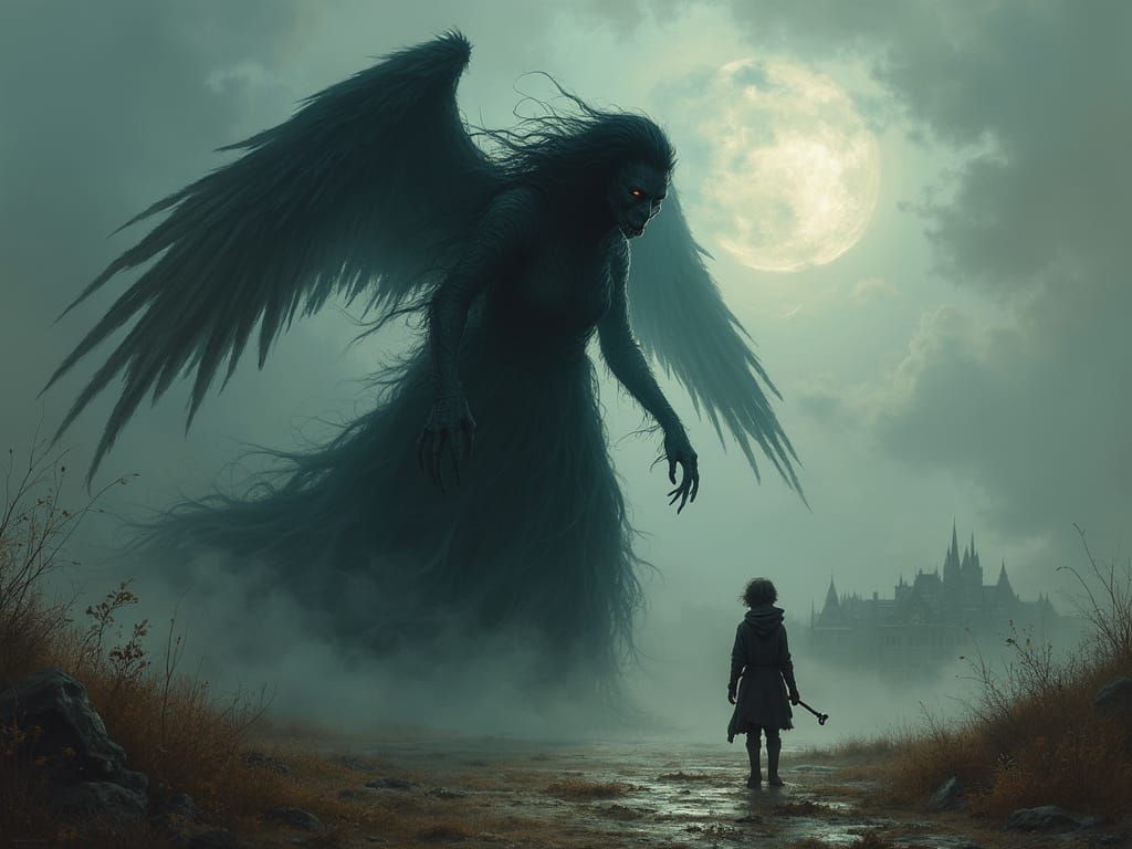 Giantess Witch Chained Before Child with Key in Dark Fantasy...