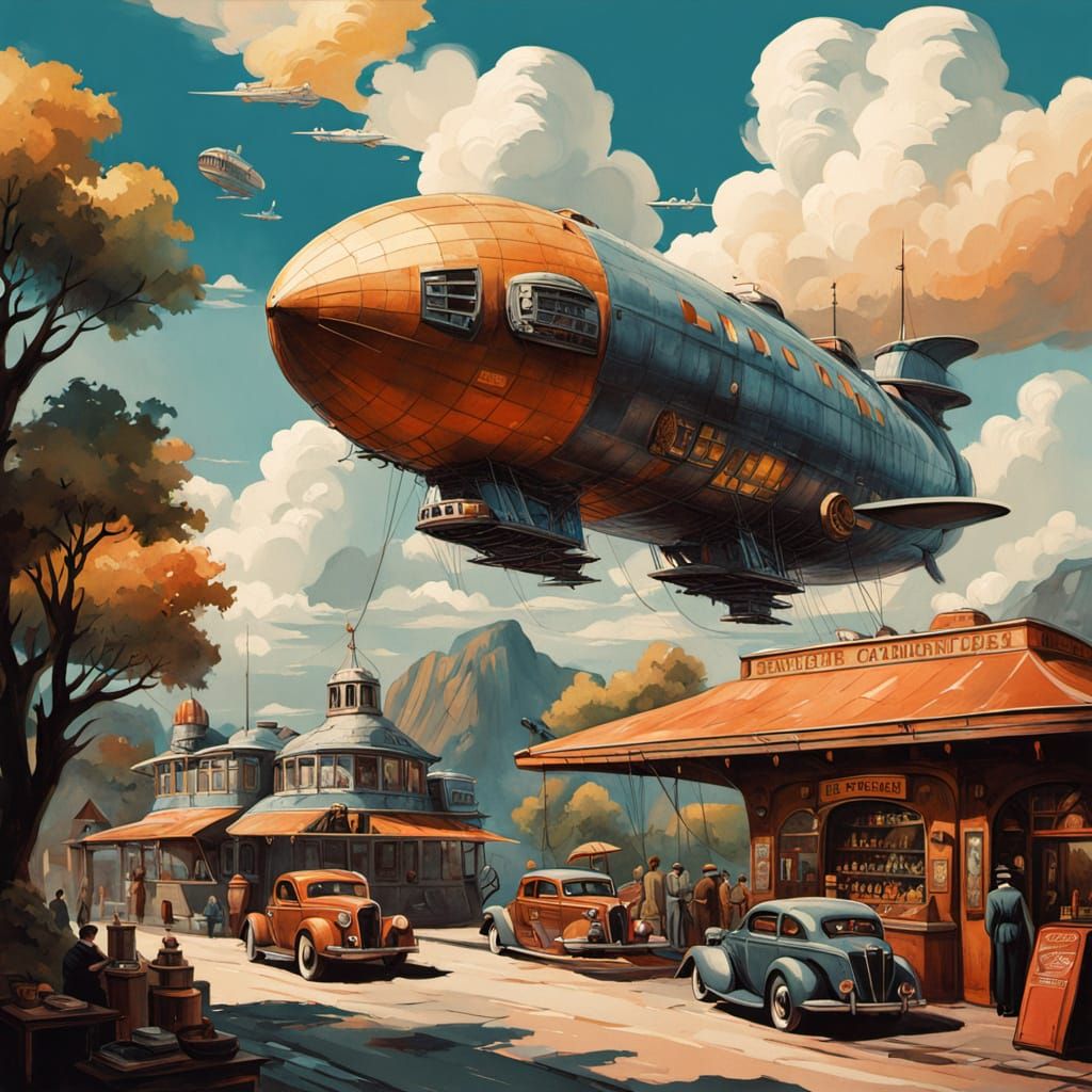 Vintage Airship Docks at Retro Root Beer Bar in a Gouache Ma...