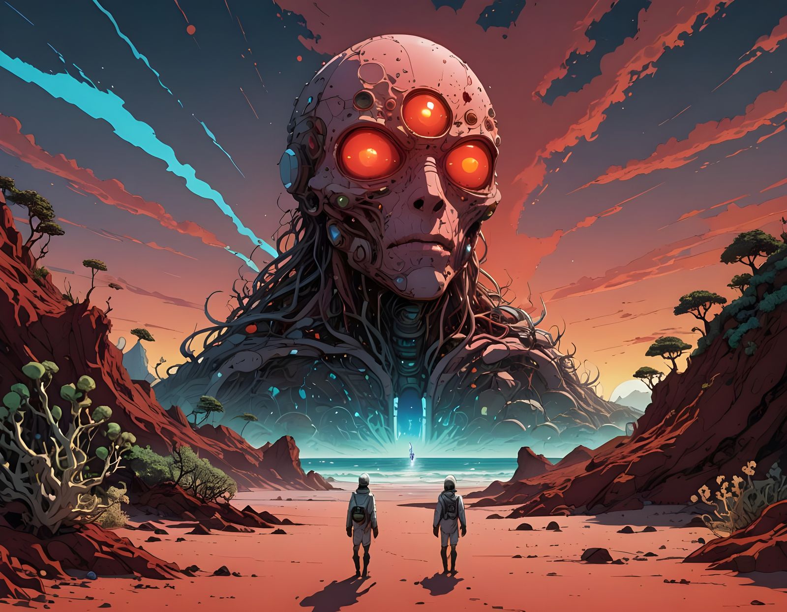 Surreal Bioluminescent Landscape with Eerie Red Beach and Ce...