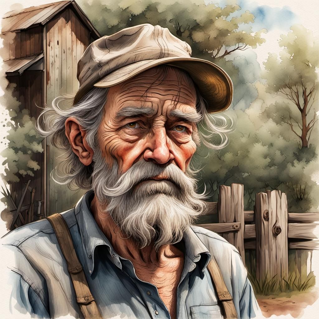 Hyperrealistic Comic Illustration of an Old Farmer