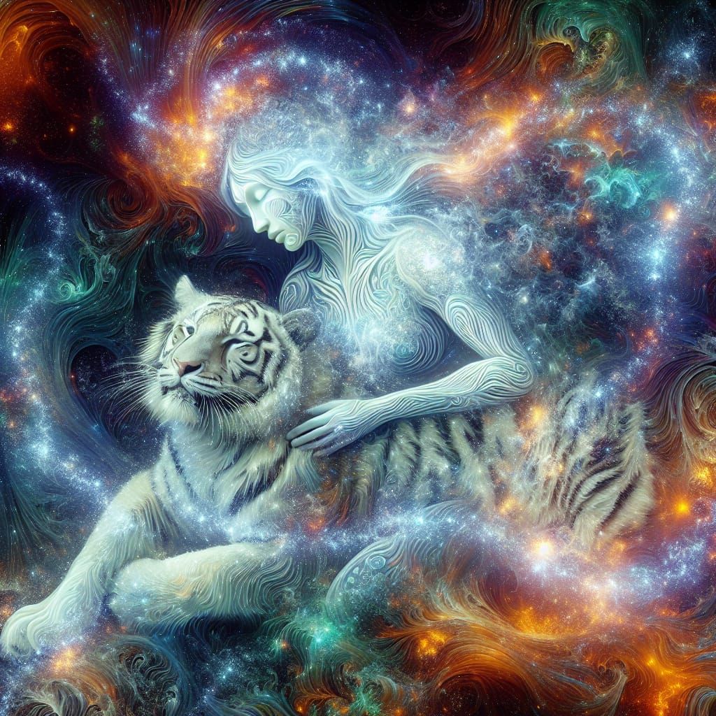 Cosmic Woman Cuddling Snow Tiger on Kinetic Display