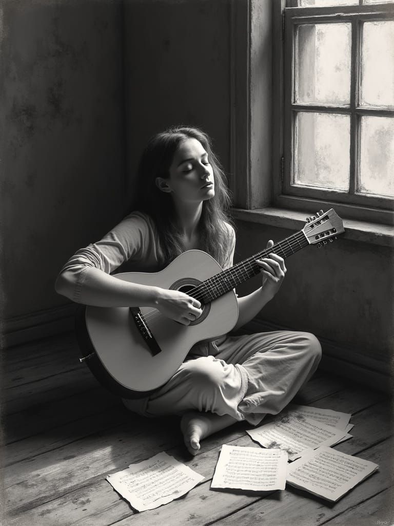 Soothing Melody Emanates from a Weary Woman's Fingers