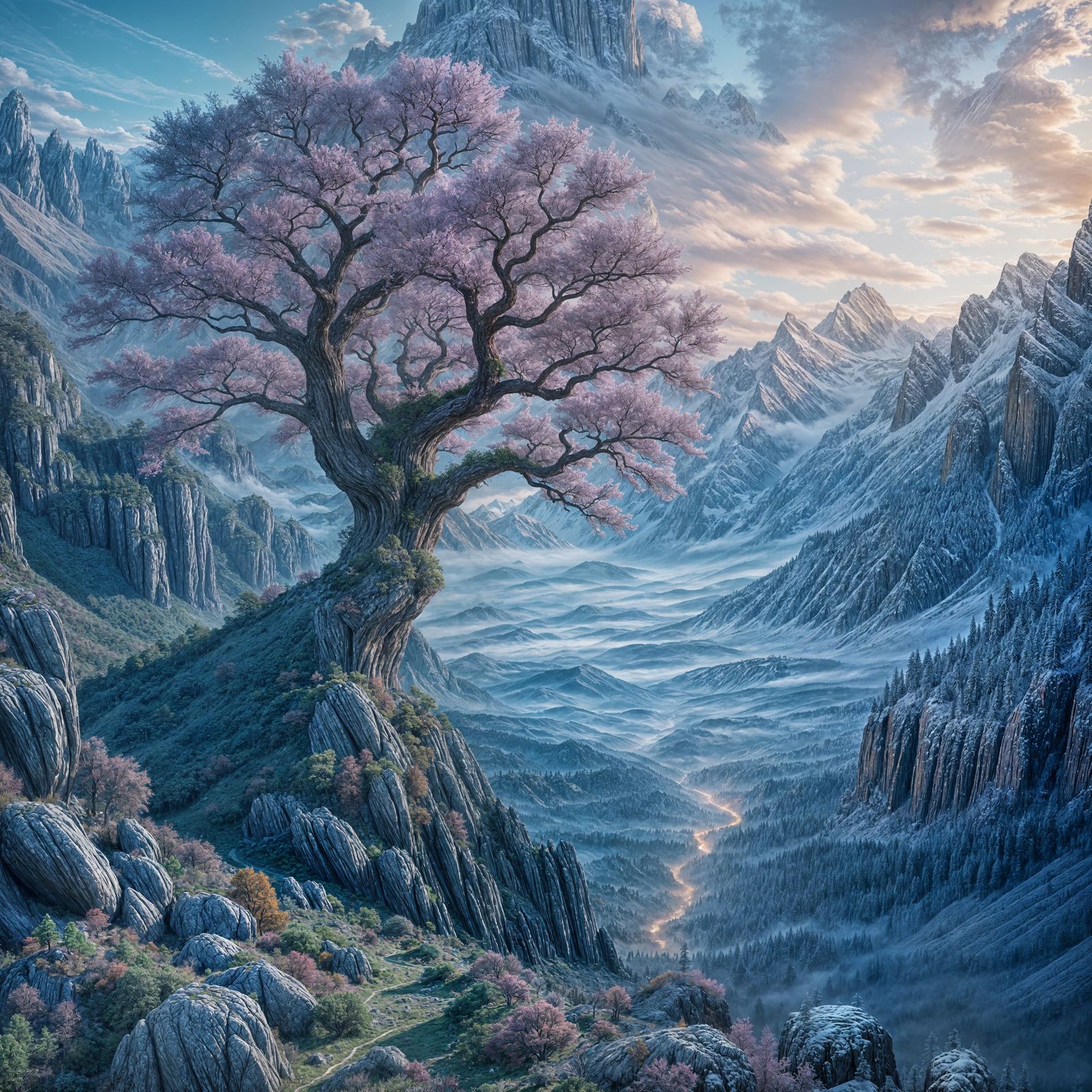 Mountains with Magical Tree: Fantasy Concept Art