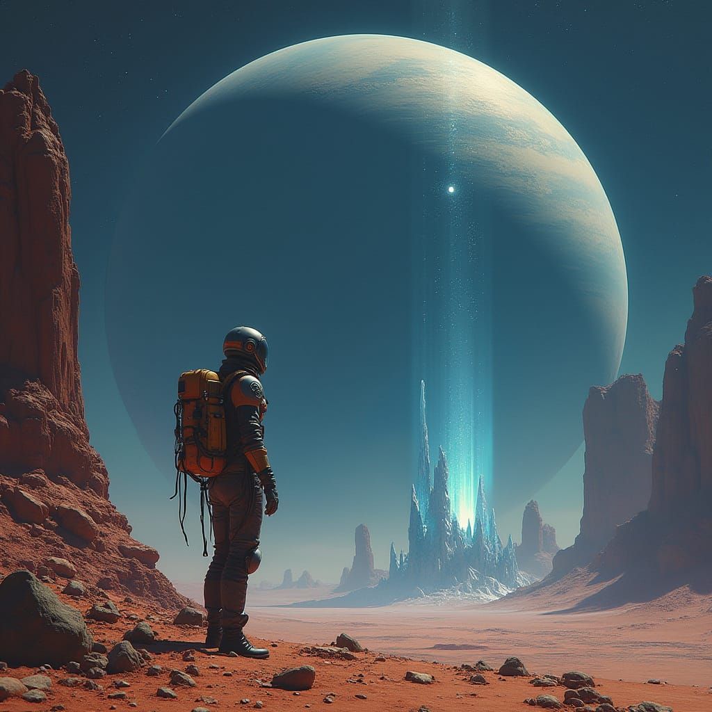 Explorer Gazes at Ringed Gas Giant, Matte Painting