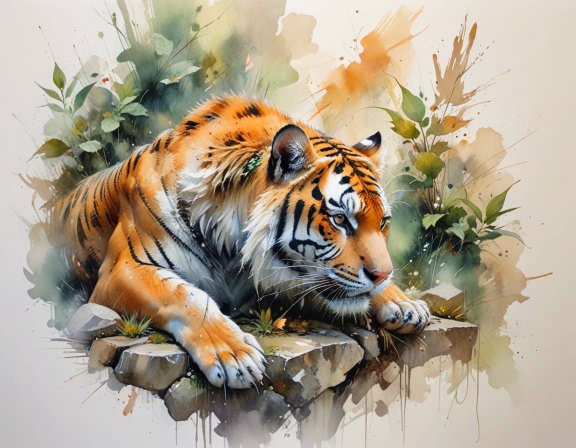 Bengal Tiger in Sun-Dappled Jungle, Expressive Watercolor St...