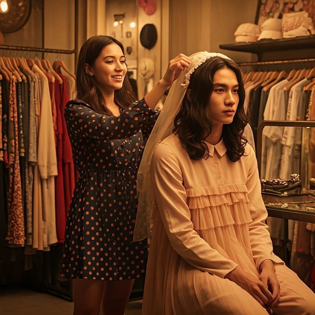 Warm Intimate Scene of Woman Adjusting Veil on Androgynous G...