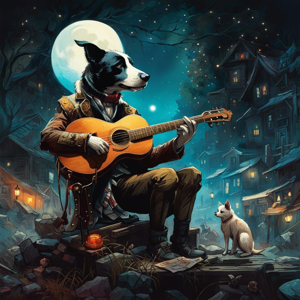 Musician Dog with Moon, Detailed Digital Art