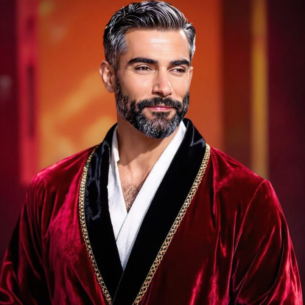 Joyful Man in Velvet Bathrobe, Studio Portrait