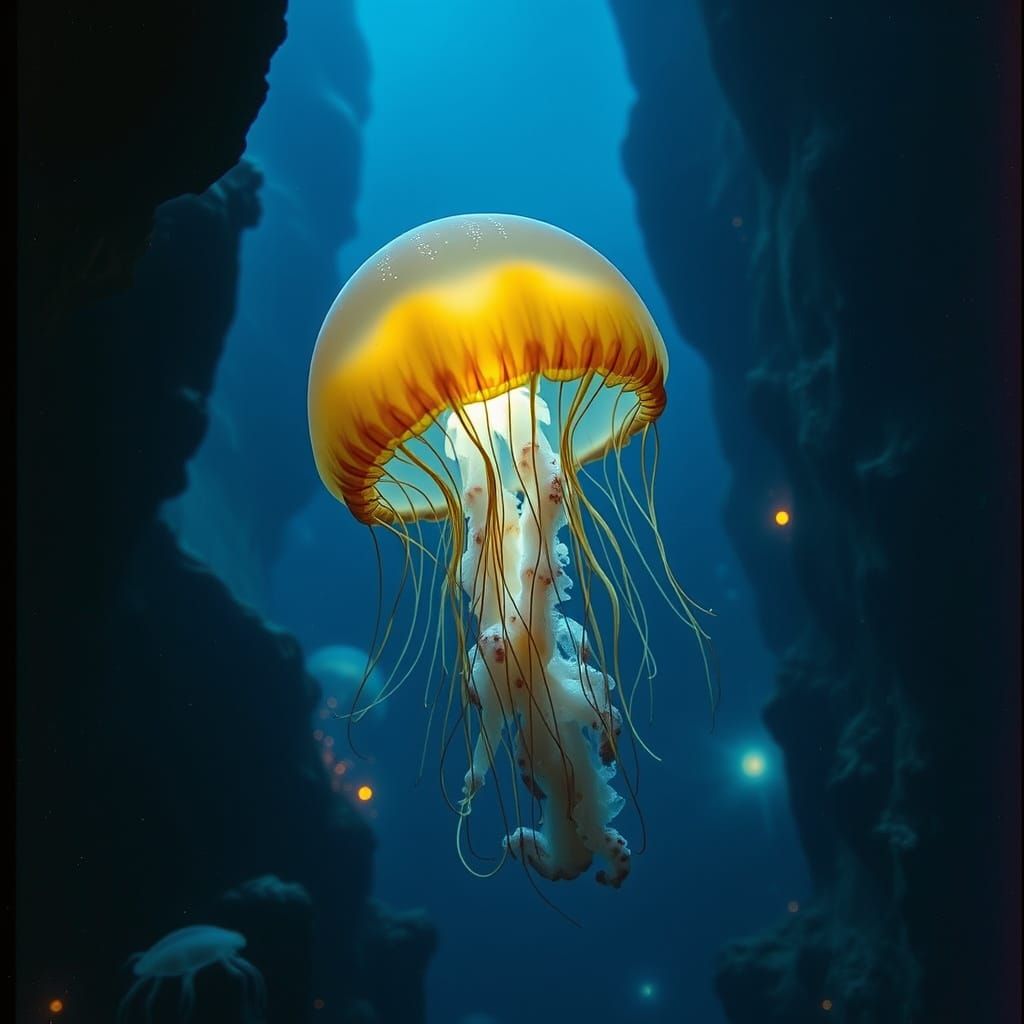 Bioluminescent Jellyfish in Deep-Sea Trench, Cinematic Style
