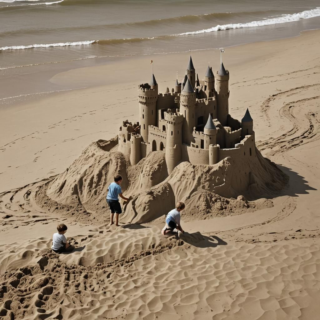 Boy Builds Sandcastle Before Approaching Wave