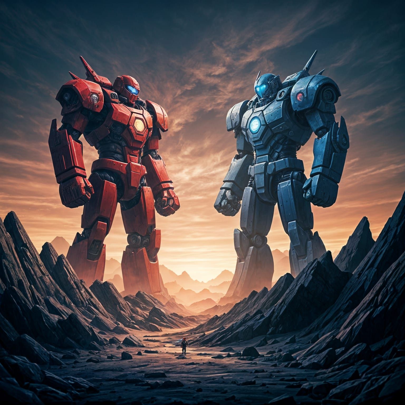 Red and Blue Robots Boxing in Rocky Arena