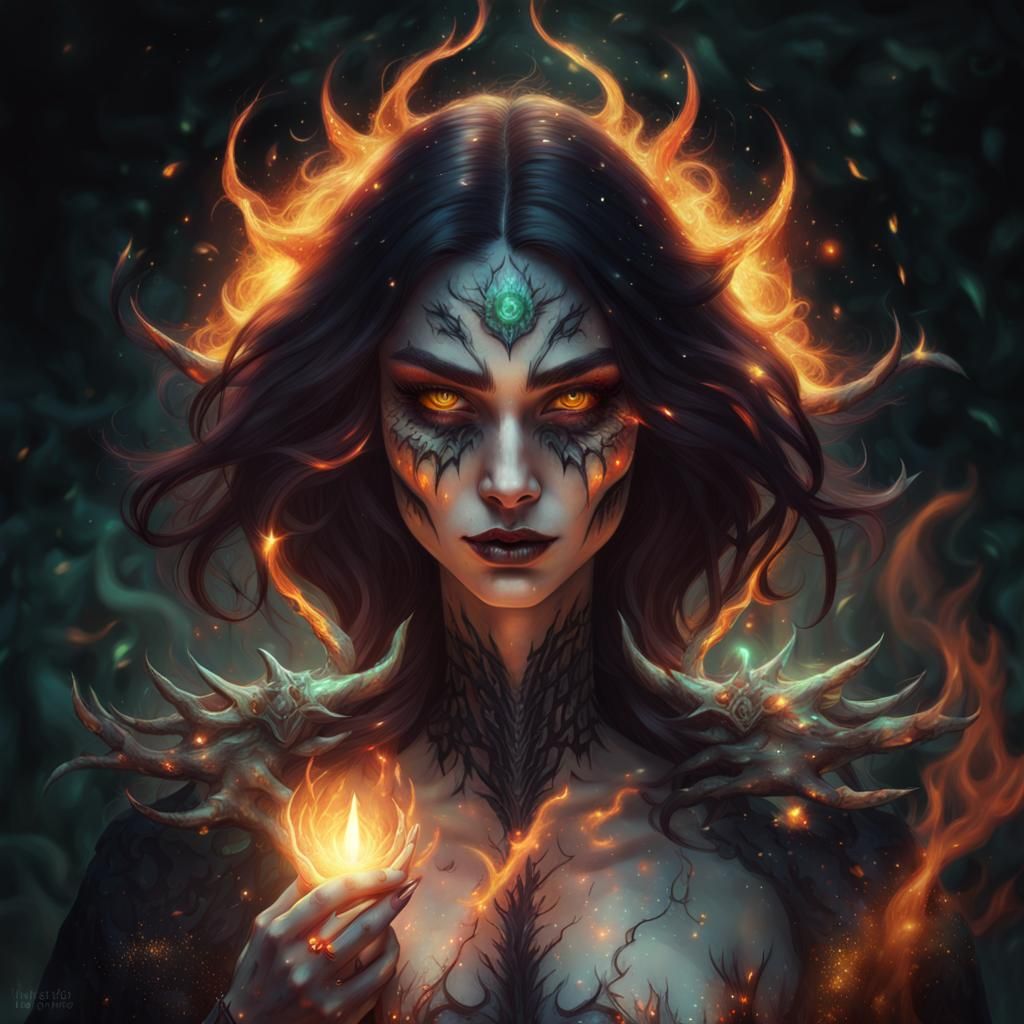 detailed beautiful hair cut witch of the forest demon having third eye between eyebrows with wicked smile and fire parti...