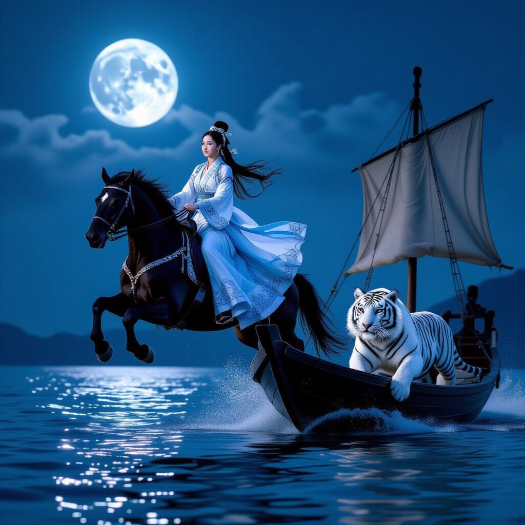 Hanfu Woman on Stallion Leaping Over Boat in Moonlight