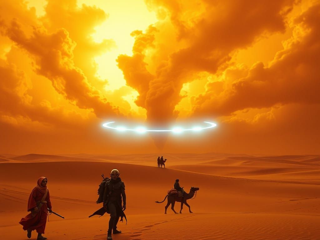 Surreal Alien Desert Sandstorm with Floating Oasis