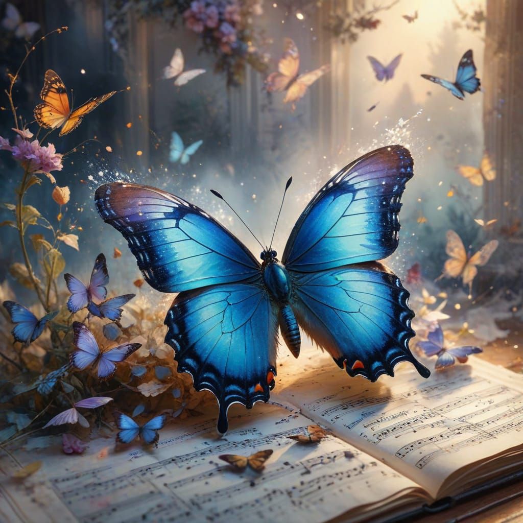 Ethereal Butterfly on Musical Sheet in Watercolor Style