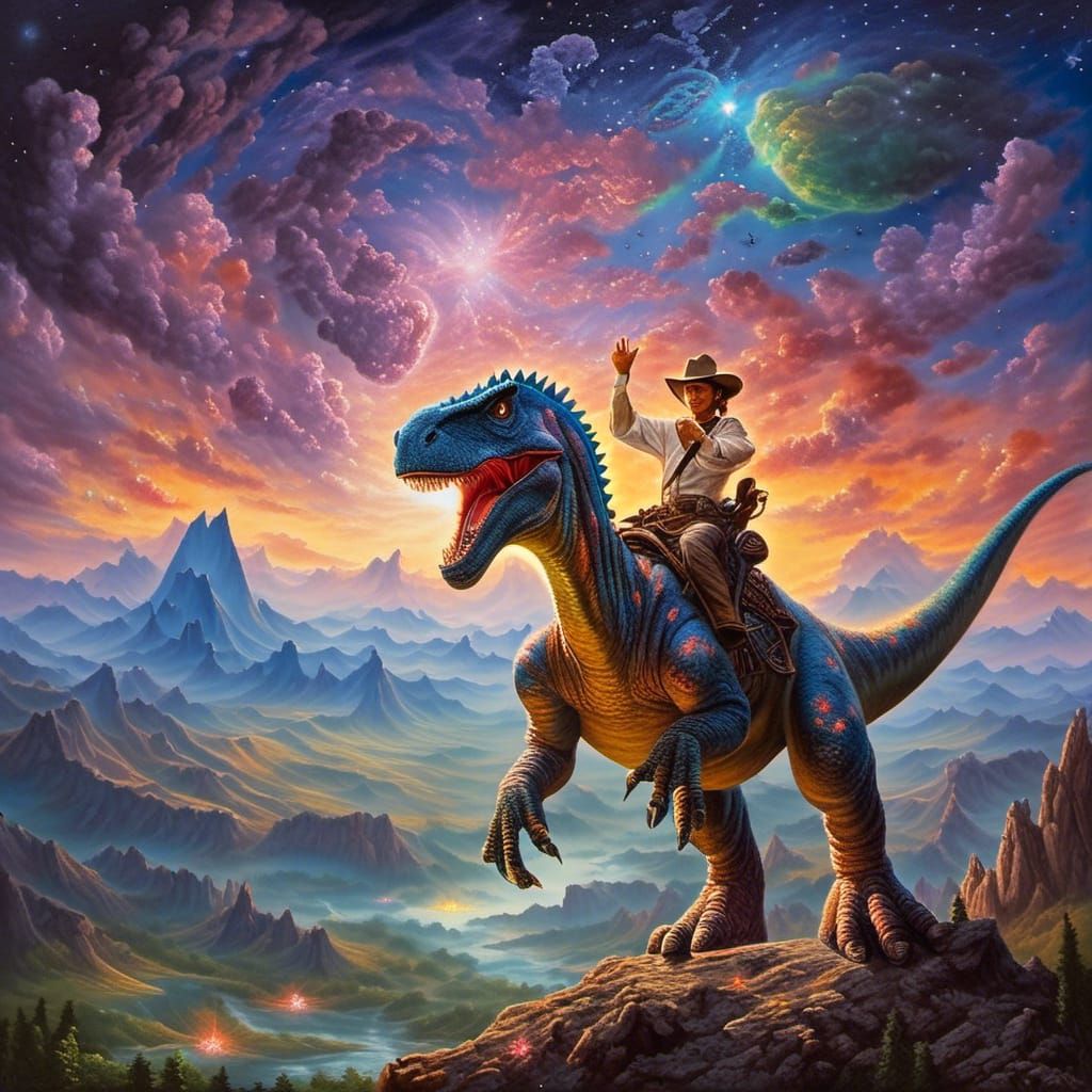 Cowboy Rides a Dinosaur in Oil Painting Style