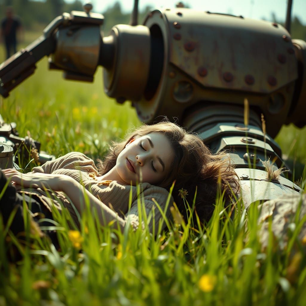 Steampunk Girl Connects with Rusty Robot in Gentle Field Sce...