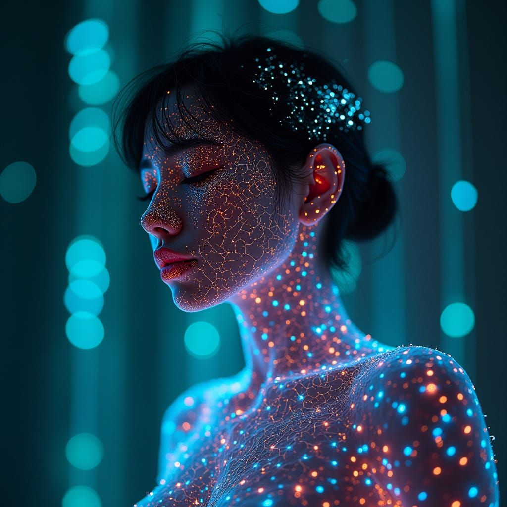 Woman with Glowing Neuron Skin in Bioluminescent Environment
