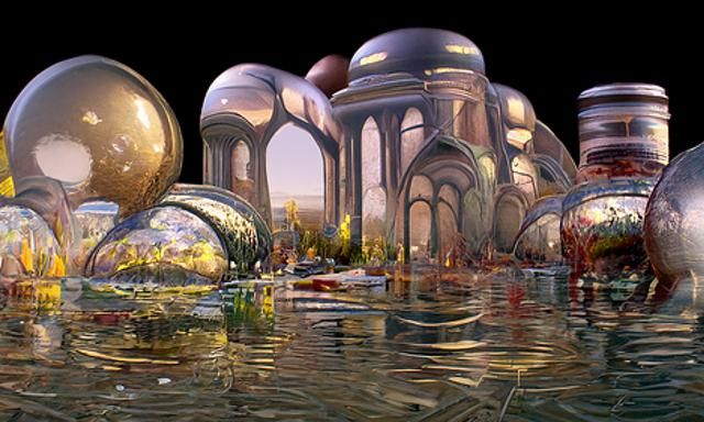 Elegant futuristic, curvilinear, holographic architecture, designed to clean air, soil and water rendered in Enscape