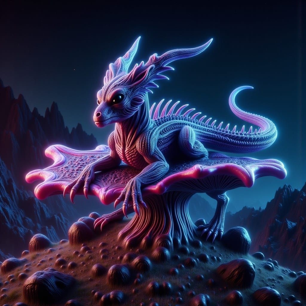 Chibi Dragon on Bioluminescent Mushroom