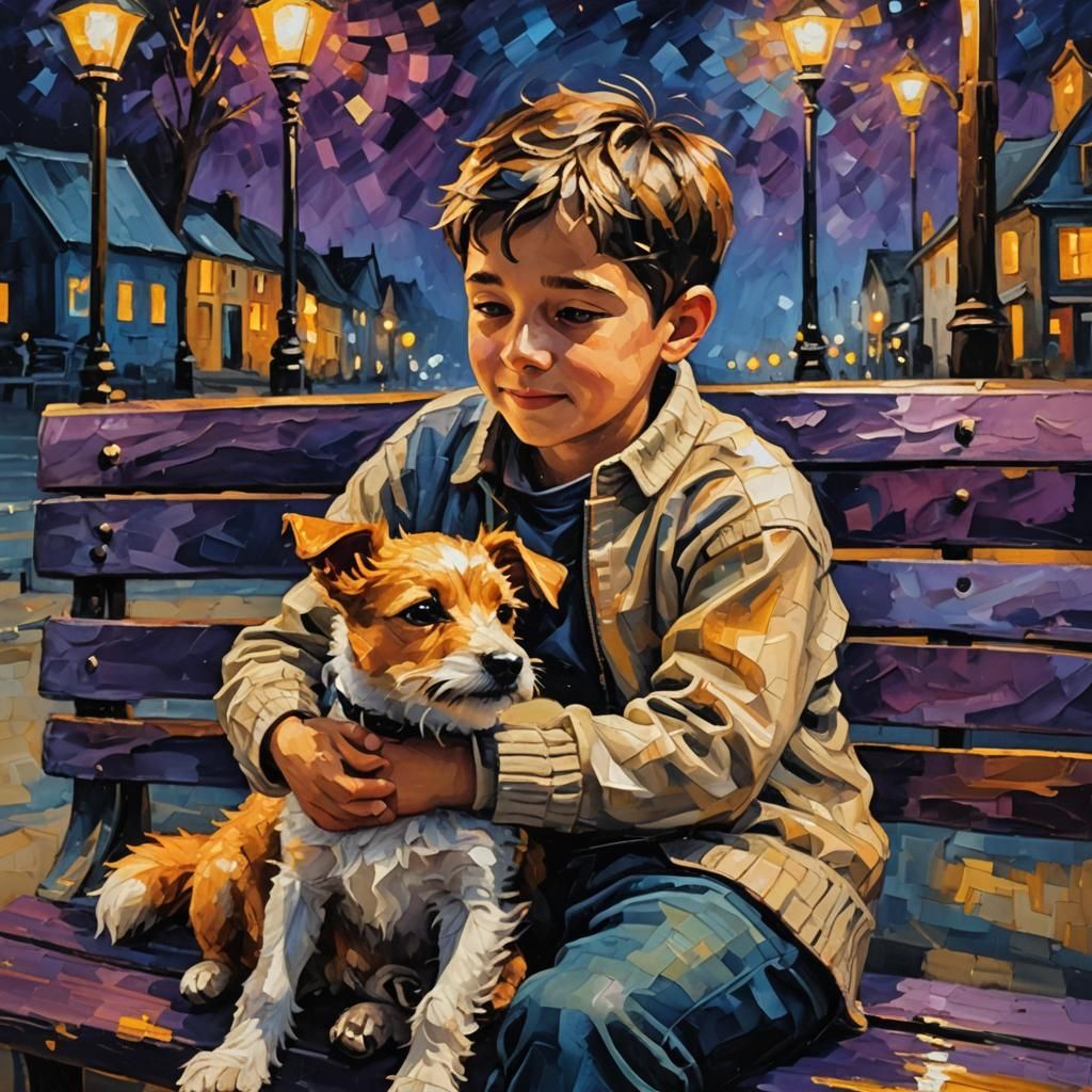 Boy and Dog: Neo-Impressionist Oil Painting