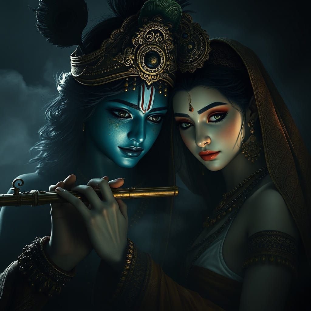 Dramatic Krishna and Radha in Dark, Hand-Painted Style