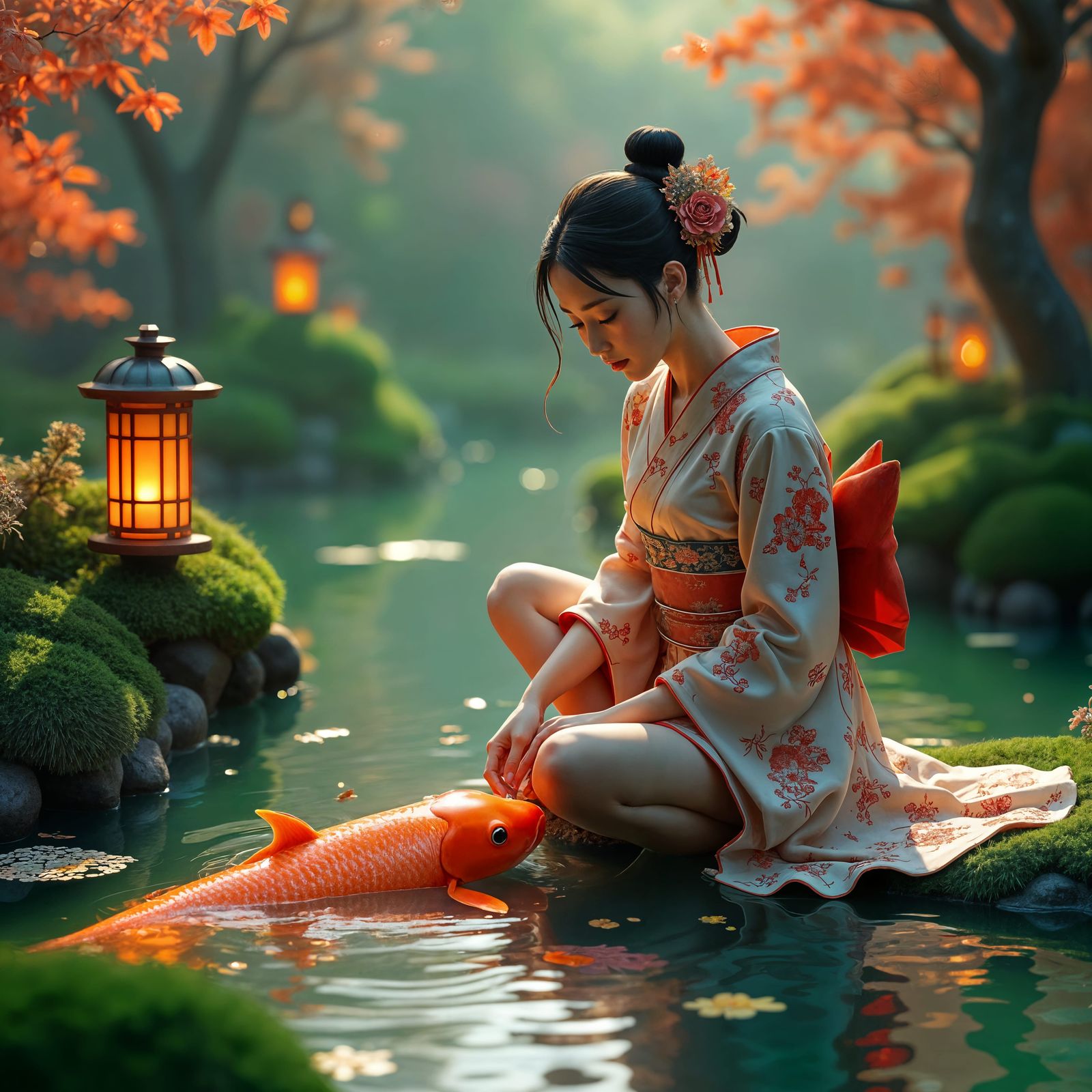 Japanese Woman in Kimono Petting Koi Fish: 3D Anime Art