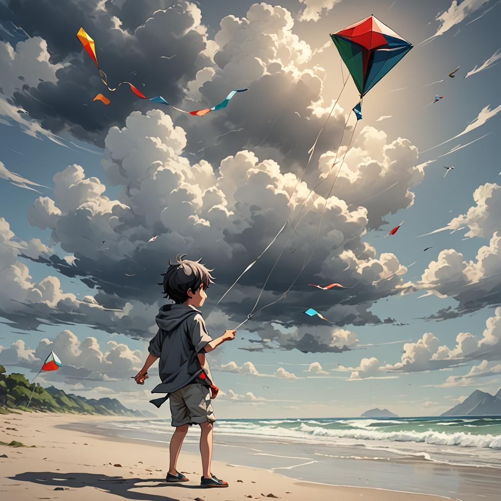 Child Flying Kite on Beach in Anime Style