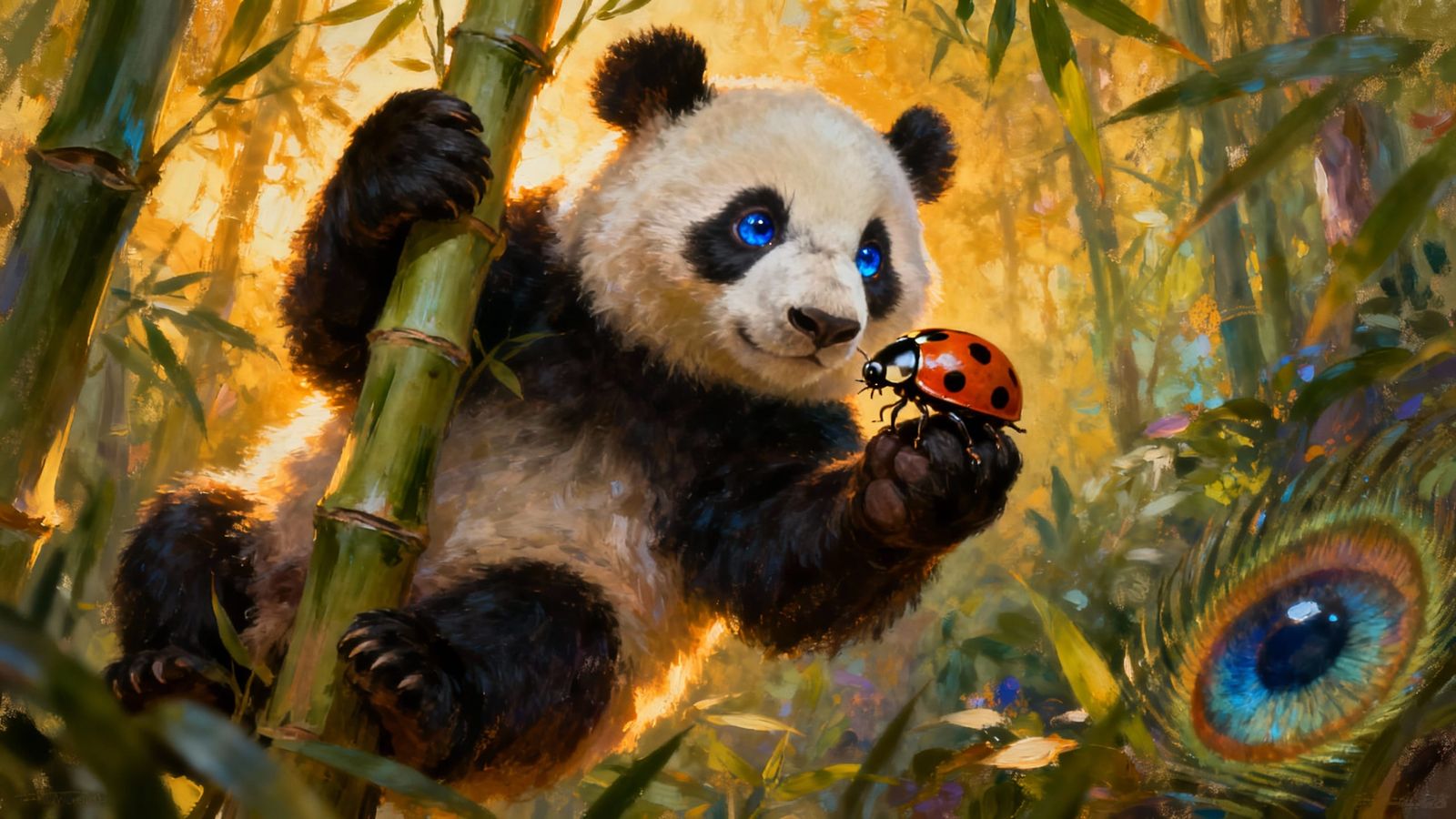 Panda Holding Ladybug in Lush Jungle Oil Painting
