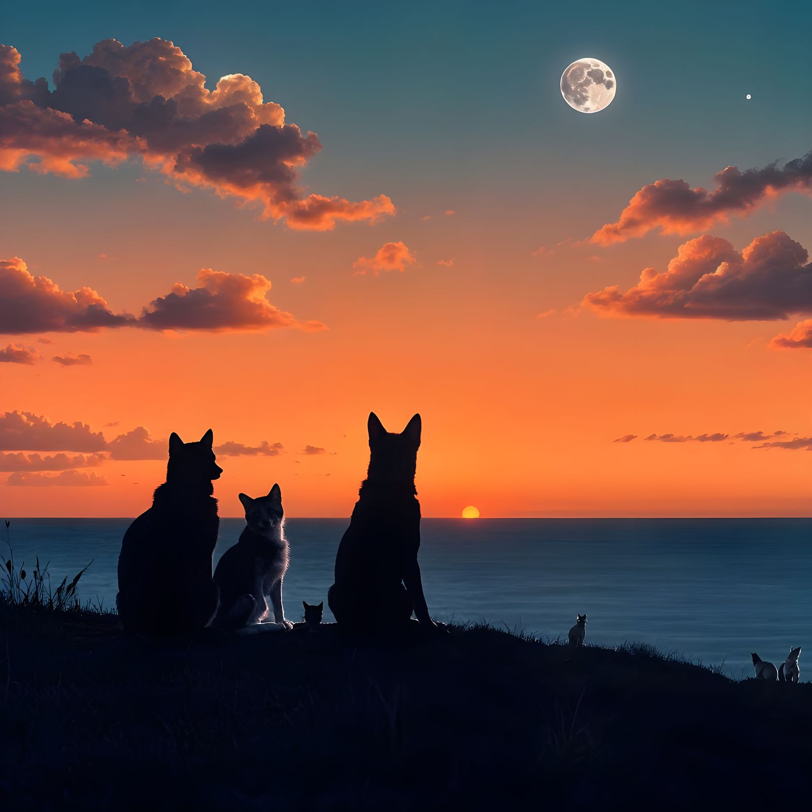 Cats and Dog in Tranquil Hillside Scene with Full Moon