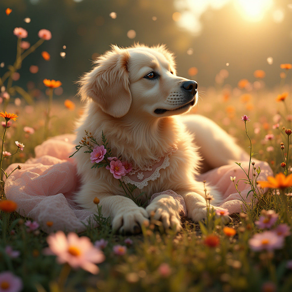 Dog in Floral Dress in a Dreamlike Field