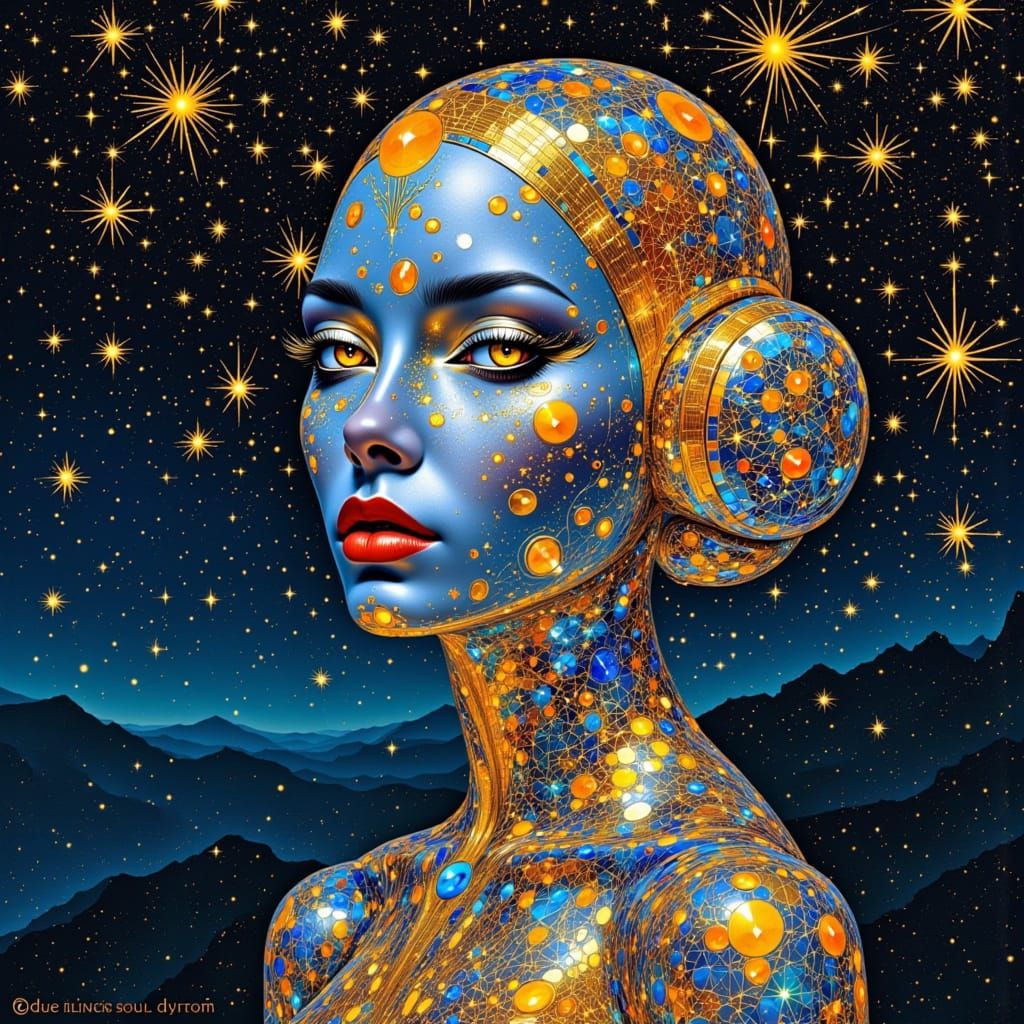 Woman in Luminescent Glass Skin with Gem-Stars