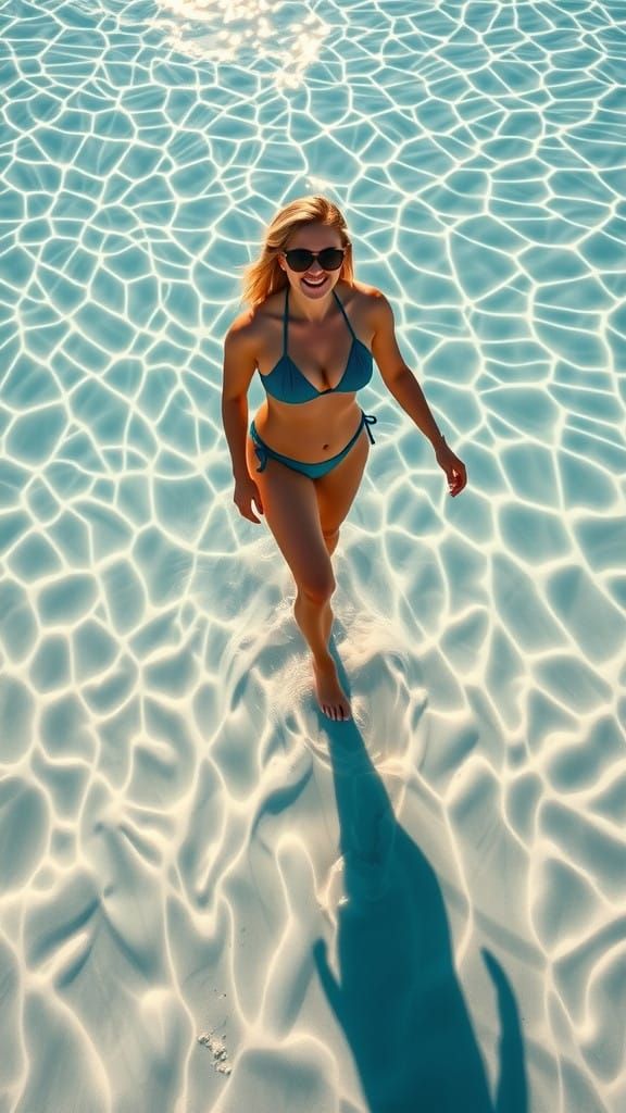 Confident Woman Strides Through Turquoise Waters in Vibrant ...