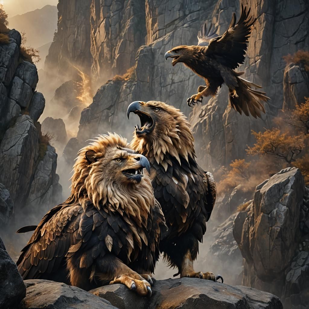 Mythological Eagle-Lion Hybrid Roaring in Misty Landscape