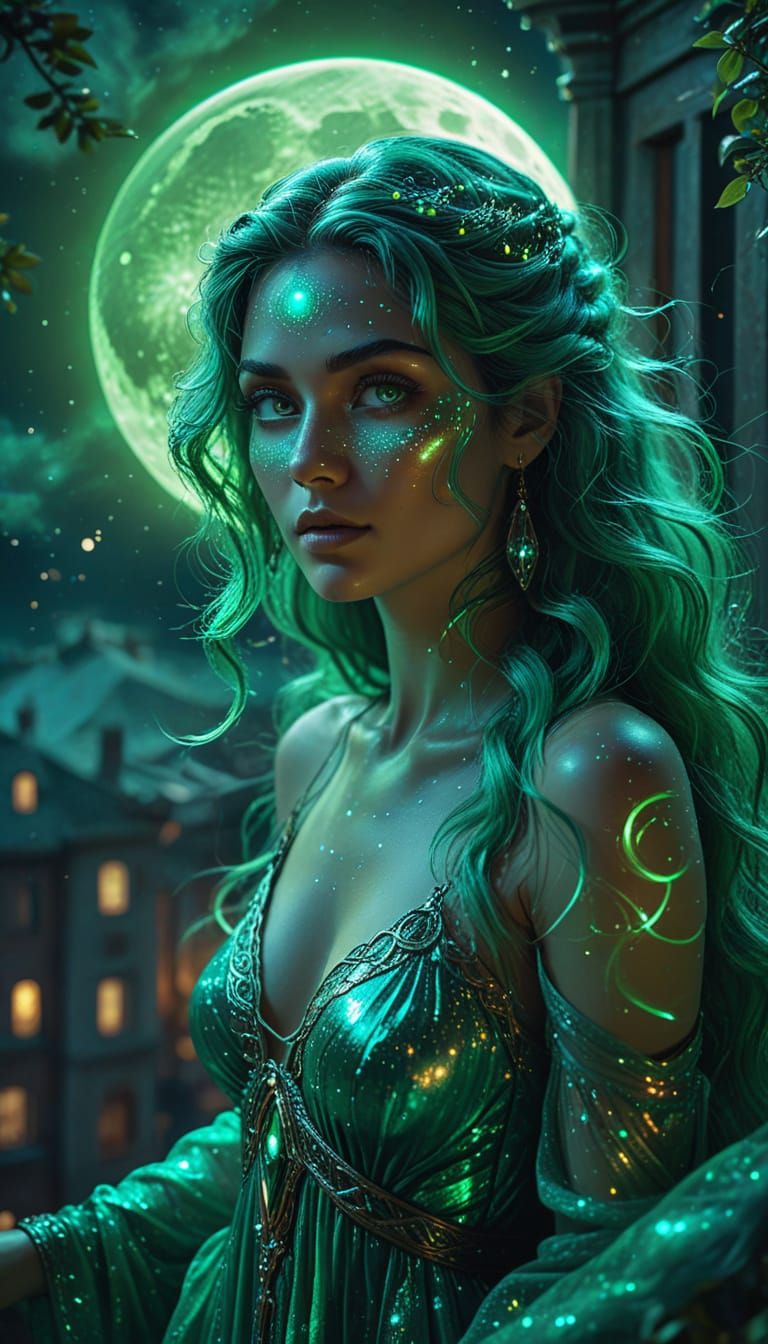 "masked mysterious beautiful woman with glowing emerald gree...