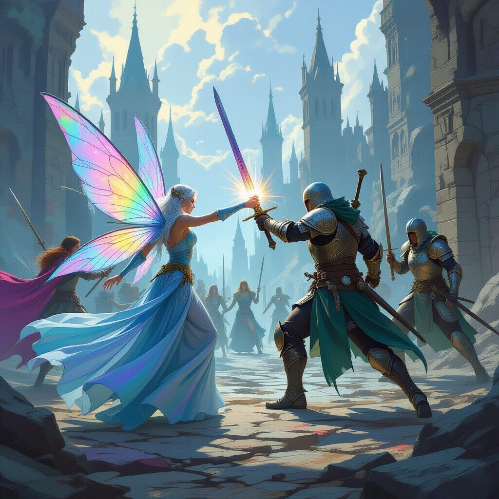 Epic Fairy and Human Battle in Gritty Fantasy Style