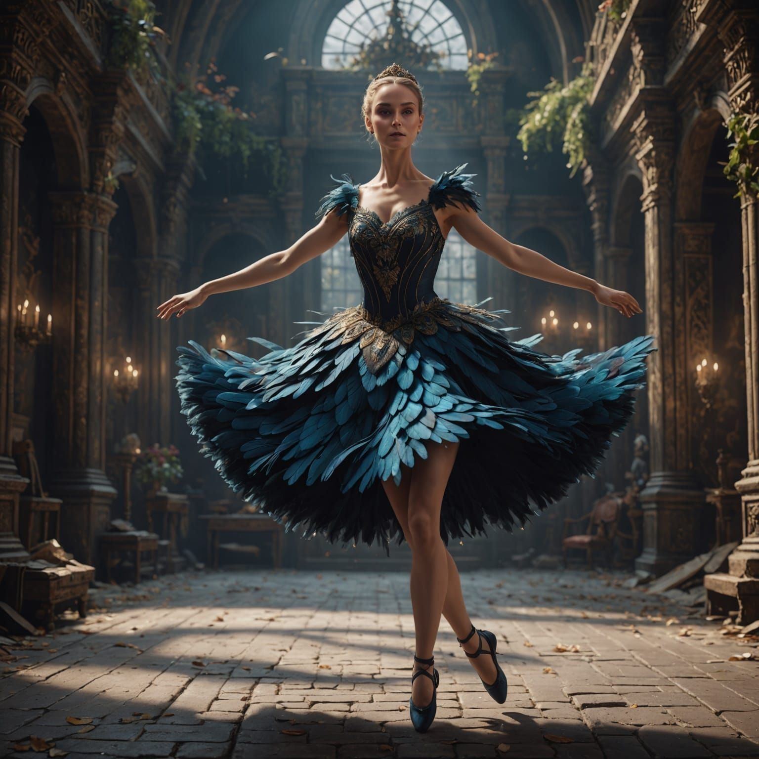 Balerina in Feathered Dress, Detailed Fantasy Art