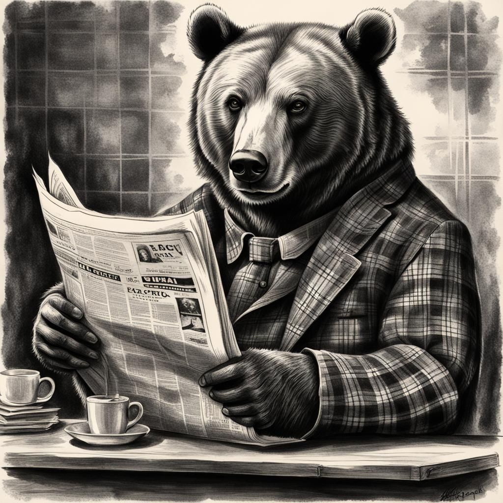 Surprised Bear Reads Newspaper in Vintage Charcoal Drawing