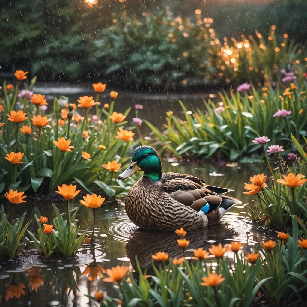 Mallard Duck in Rainy Golden Hour Pond
