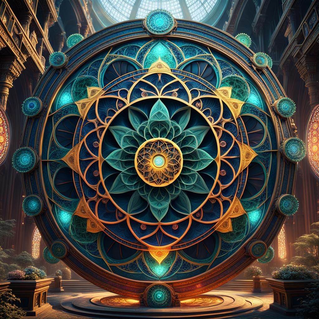 ornate sacred geometry, circle, fractals, energy; cinematic lighting; vibrant color