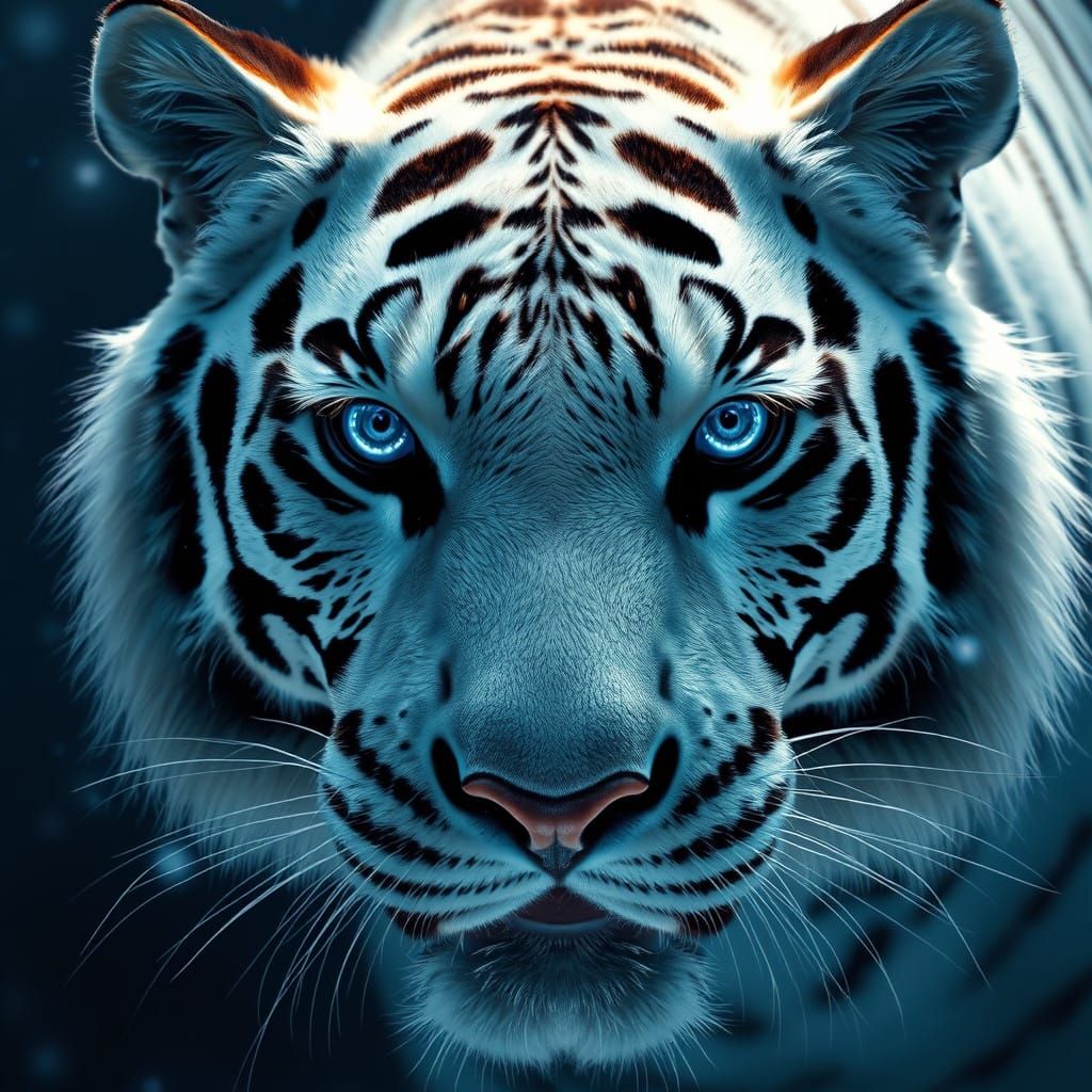 Mystical White Tiger with Glowing Blue Eyes