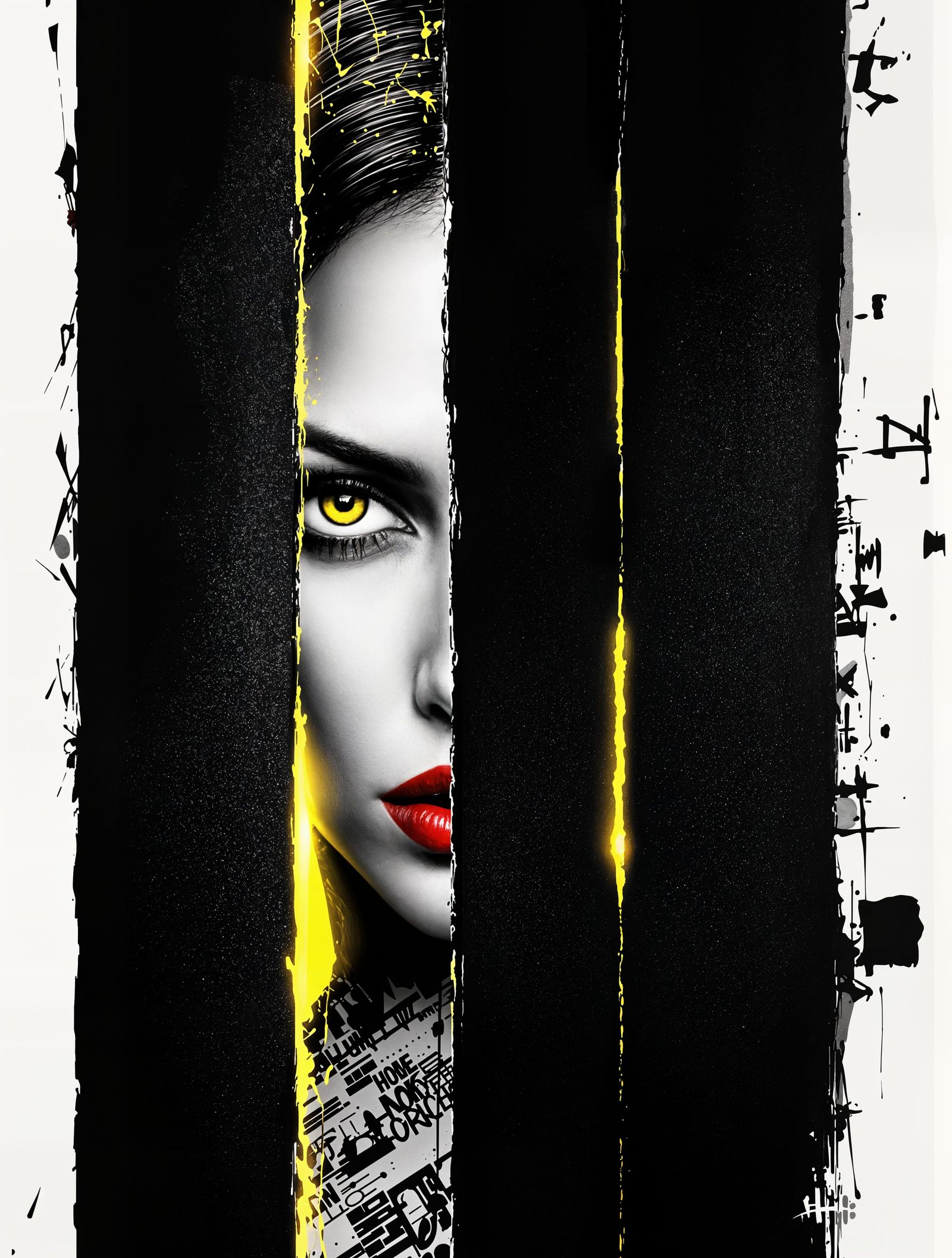 Woman's Intense Gaze Through Black Panels in Graphic Design ...