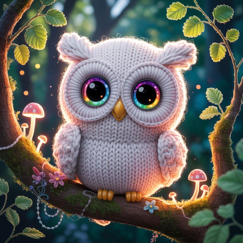 Knitted Owl with Rainbow Eyes in Whimsical Forest