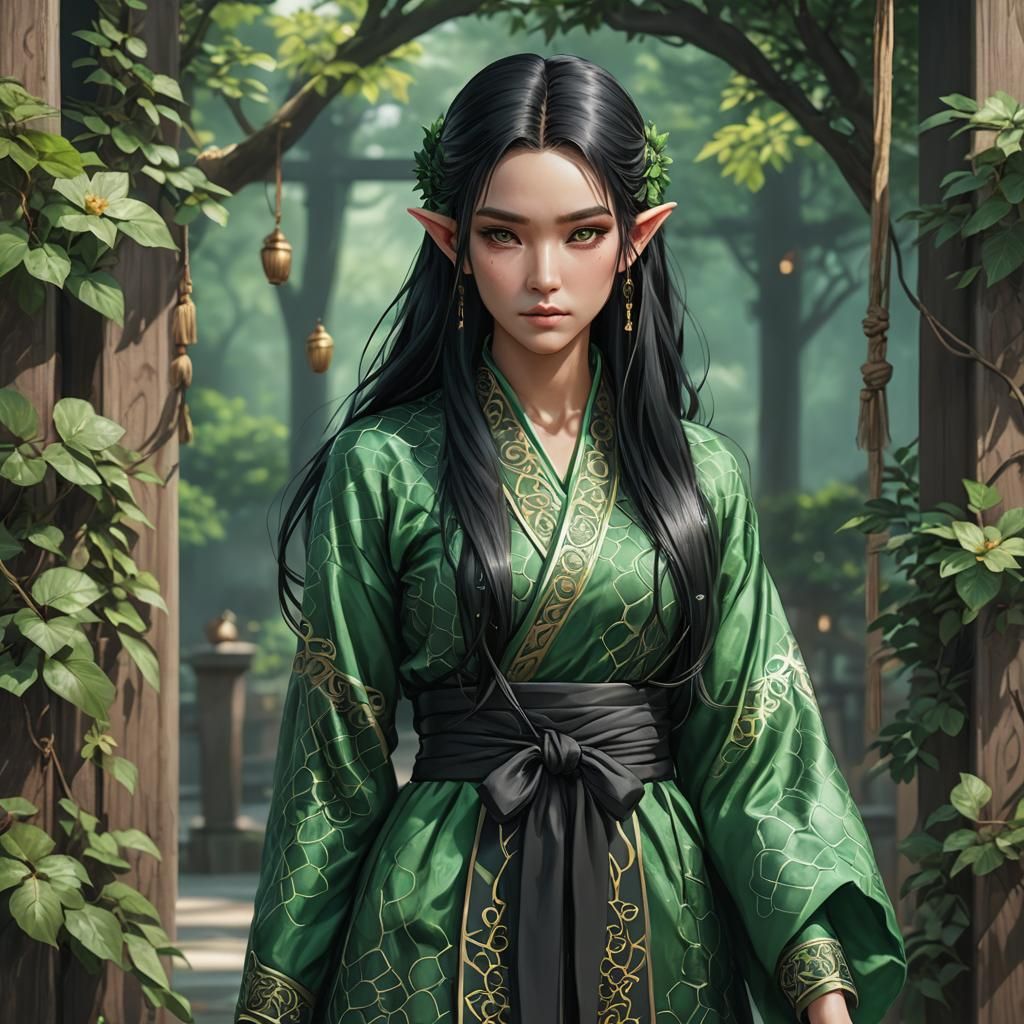 Anime Elf Woman in Emerald Green Robes