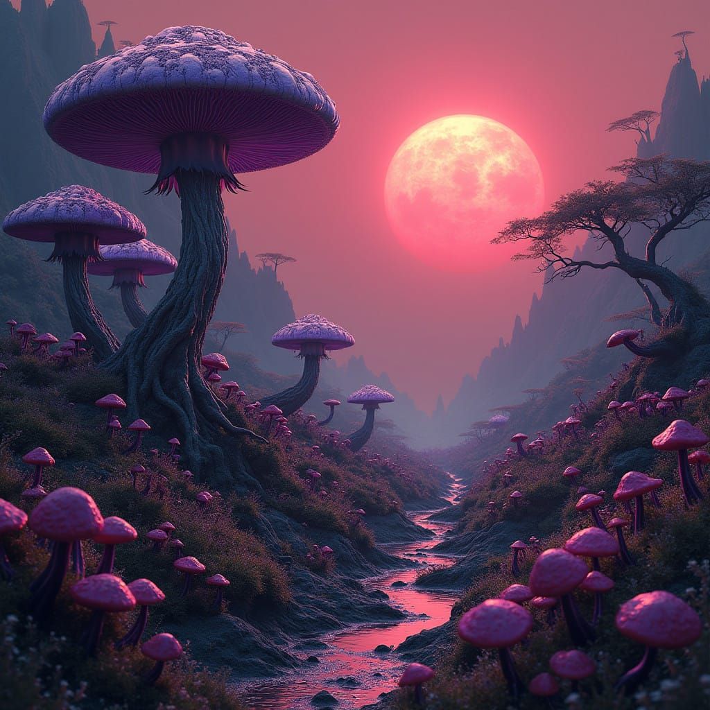 Ethereal Exoplanet Fungal Landscape in Deep, Rich Colors