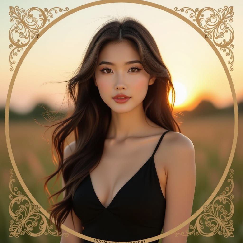 Asian Girl Posing in Sunset Lighting, Alphonse Mucha Style