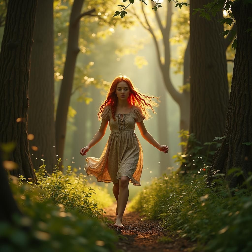 Red-Haired Woman Running Through Enchanted Forest