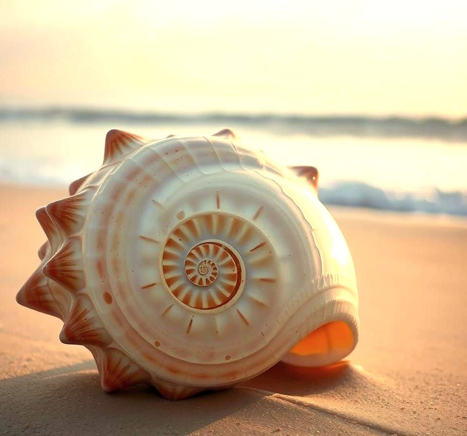 Conch Shell on Beach at Sunrise: Golden Hour Photography